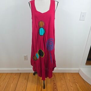 Junglee Billee Midi Dress Womens One Size Red Artsy Applique Lagenlook 1006 NWT